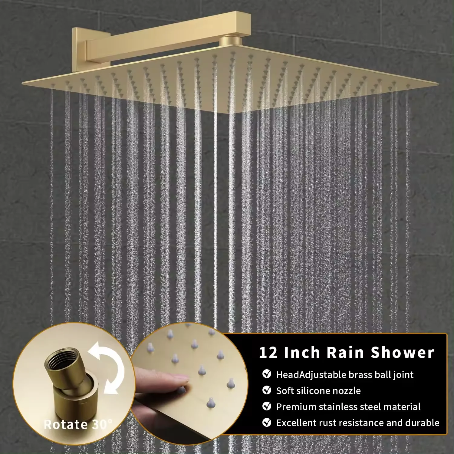 12 Inches Temperature Display Brushed Gold Shower System Rainfall Shower  Faucet Set