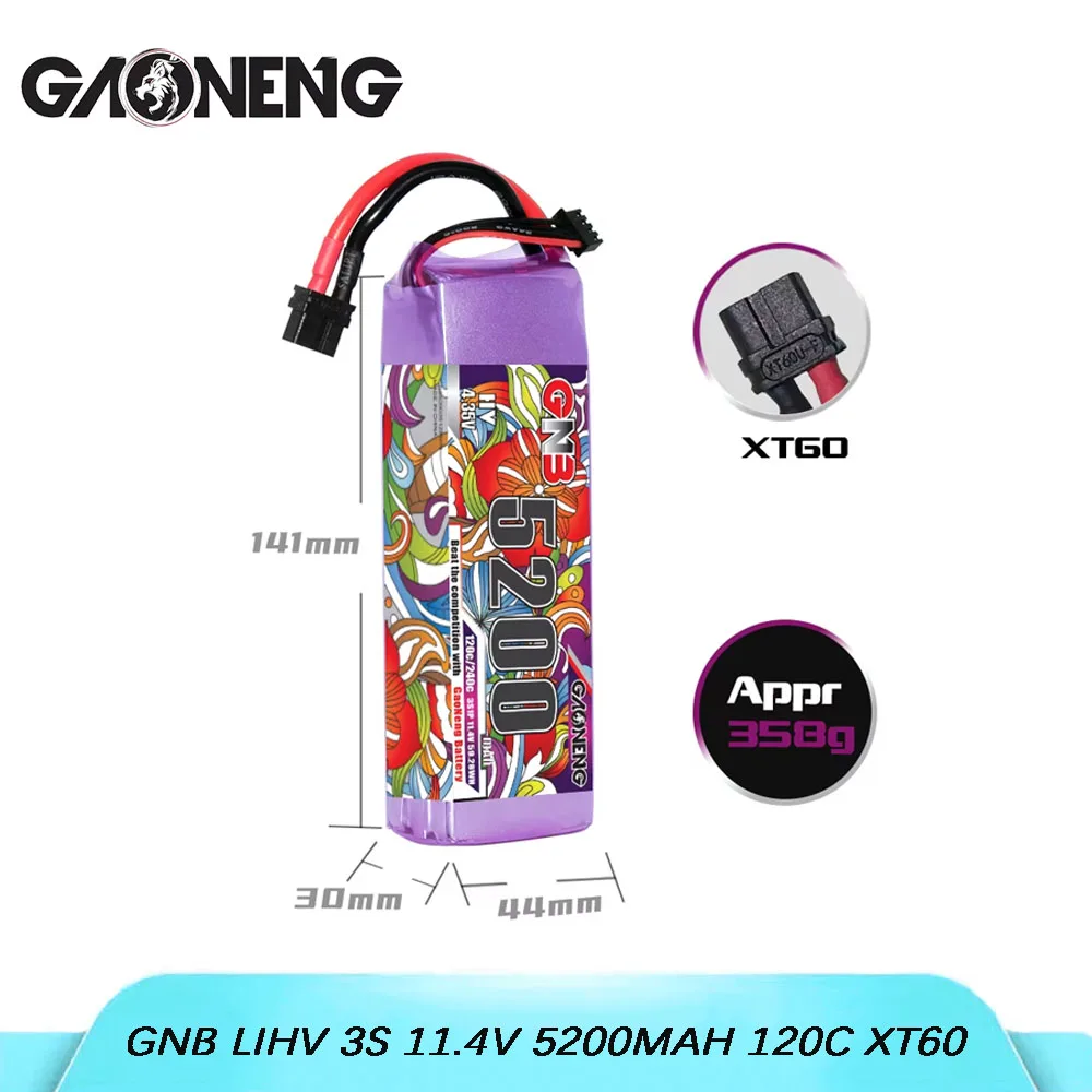 

Литиевая батарея GAONENG GNB LiHV 3S 11,4 В, 5200 мАч, 120C, с разъемом XT60, подходит для дронов FPV и транспортных средств с дистанционным управлением.
