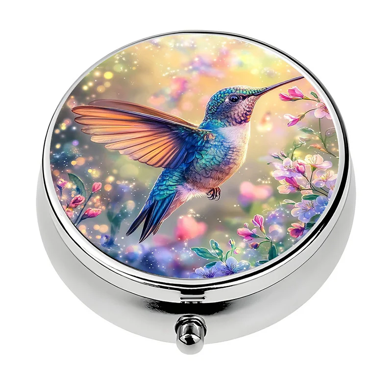 1 metal 3-compartment hummingbird and floral pill box - turquoise green pill organizer with pink floral lid, travel-friendly pill box, elegant and durable pill container