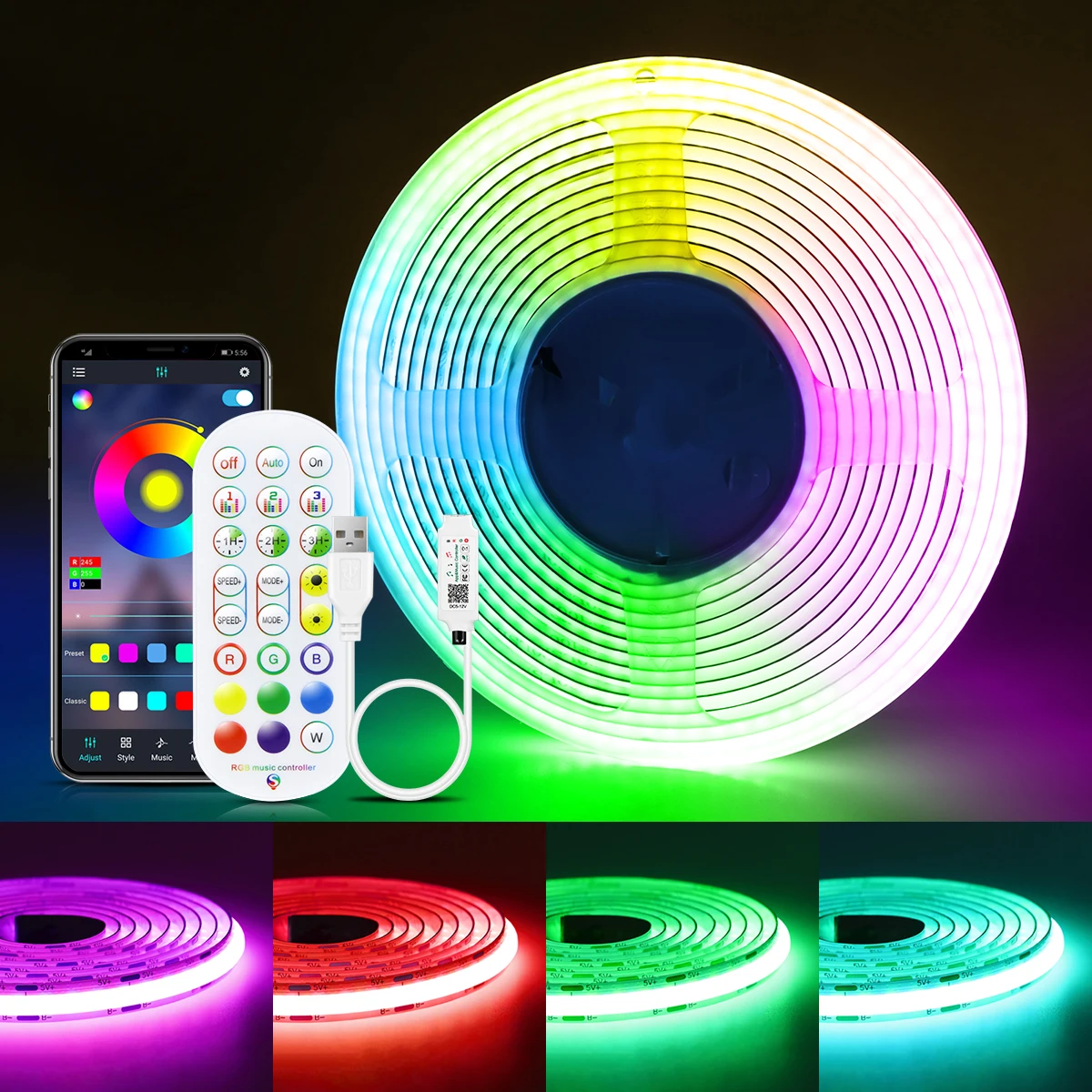 8MM 576LEDs/M Bluetooth RGB COB LED Strip Light USB LED Tape Ribbon TV BackLight Remote Dimmable Smart Night Light