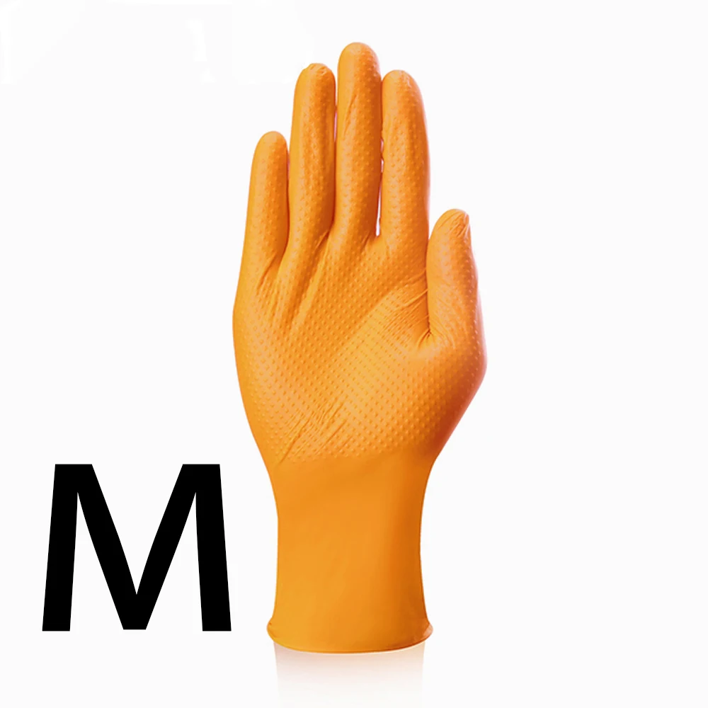 Dikke, zwarte/oranje nitril handschoenen, met een ruitpatroon, antislip en bestand tegen olie, geschikt voor mechanisch werk en autoreparaties.