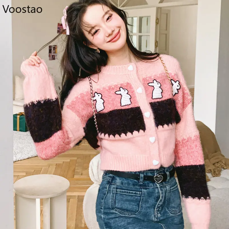 Y2k moda Kawaii Bunny sweter dziergany wiosna kobiety słodki O-Neck paski luźny sweter płaszcz jesień kobiet Chic dzianiny topy