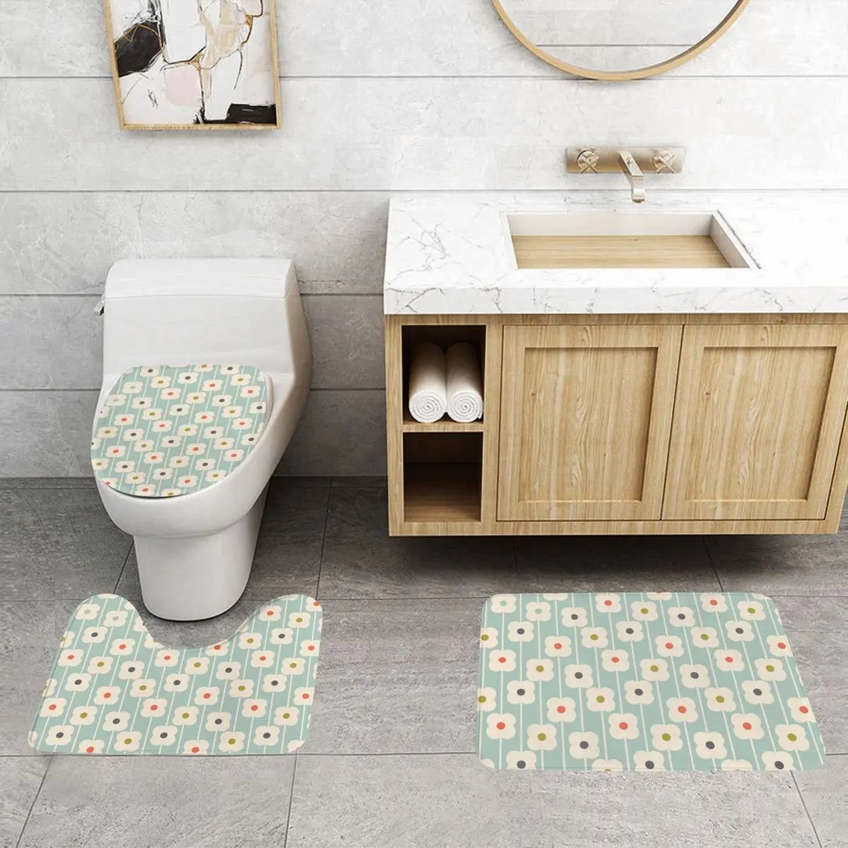 Custom Orla Kiely Abacus Flowers Bathroom Rugs Sets Non-Slip Absorbent Scandinavian Pattern 3 Pieces Bath Toilet Rugs Mats