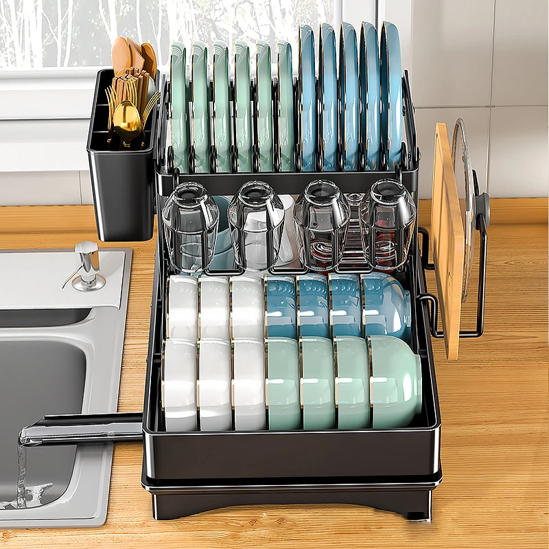 Double-layer Kitchen Drying Dish Rack Foldable Bowl Drainer with Drain Basket Countertop Chopsticks Knife Dinnerware Organizer