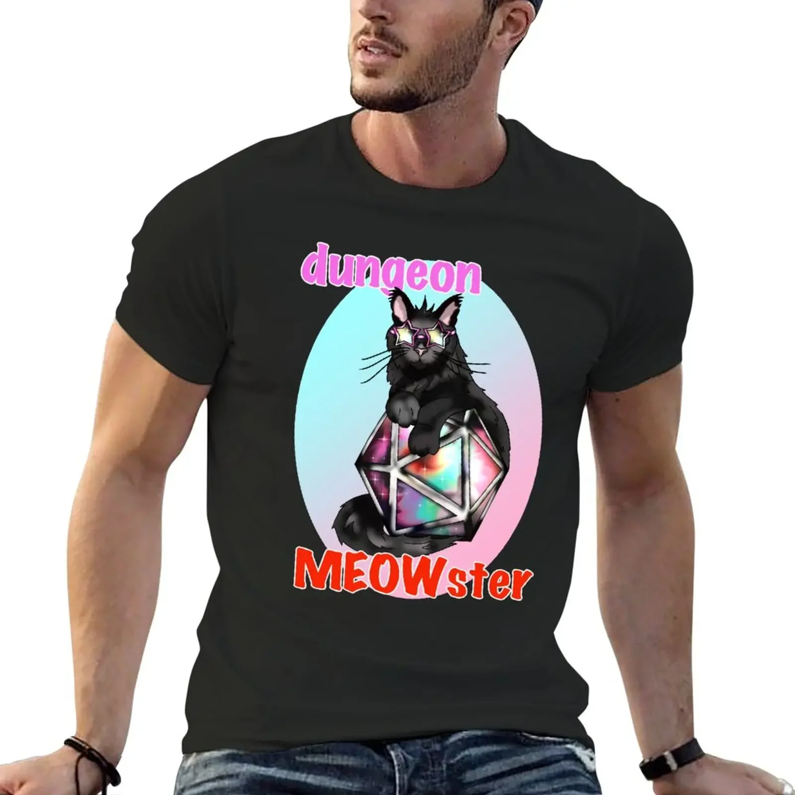 

New Black cool cat dungeon meowster with D20 dnd dice T-Shirt Short t-shirt heavyweight t shirts mens t shirt