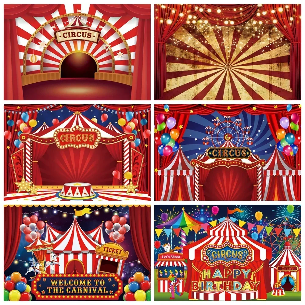 Circus Carnival Photography Backdrop – Baby Birthday Theme with Balloons & Clown, Children Portrait Photo Studio Props-Tapestry