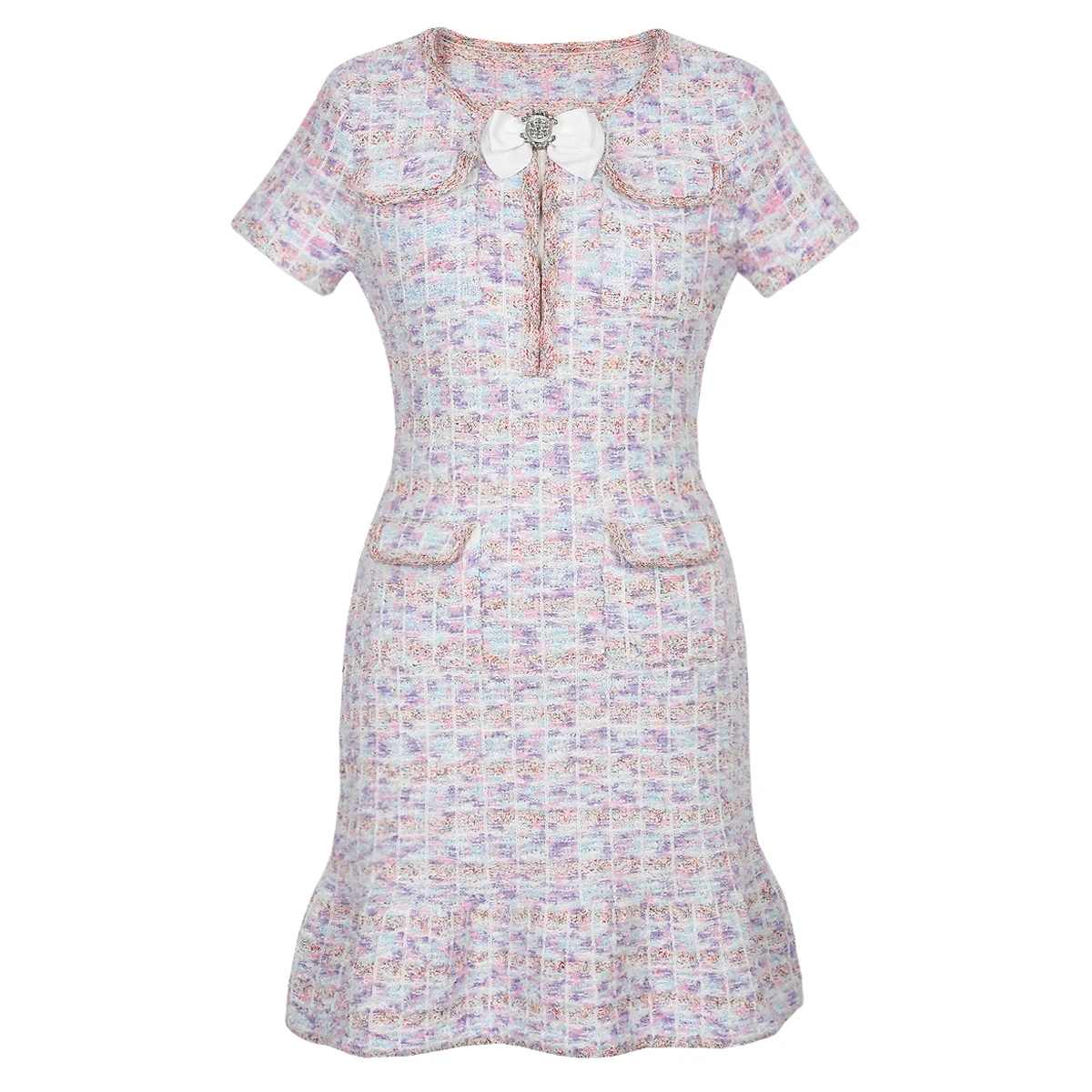 

Новое модное маленькое ароматное шерстяное женское платье с короткими рукавами и лацканами, вязаное платье с ромбовидной пряжкой и узлом-бабочкой, облегающее бедра