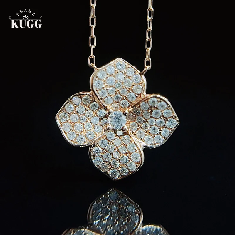 

KUGG 18K White Gold Necklace Real Natural Diamonds 0.30carat Chain Romantic Flower Shape Jewelry for Women Engagement Party