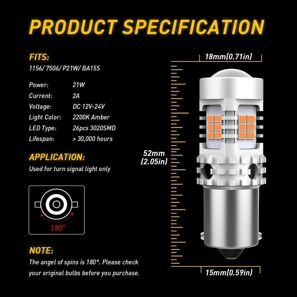 AUXITO 2Pcs BA15S BAU15S 1156 LED Bulb T20 7440 W21W WY21W LED Turn Signal Canbus No Hyper Flash Amber P21W PY21W Light Bulbs