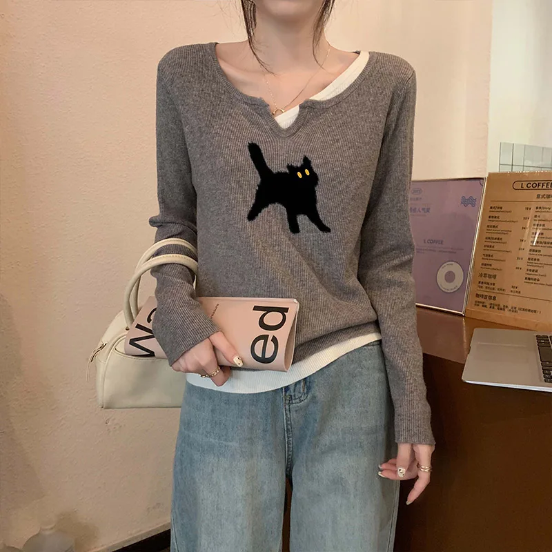 Autumn Winter Fashion Jacquard Loose Wool Pullovers Fake Two Pieces Solid Knitted Jumper Women Vintage Commute O-neck Sweaters