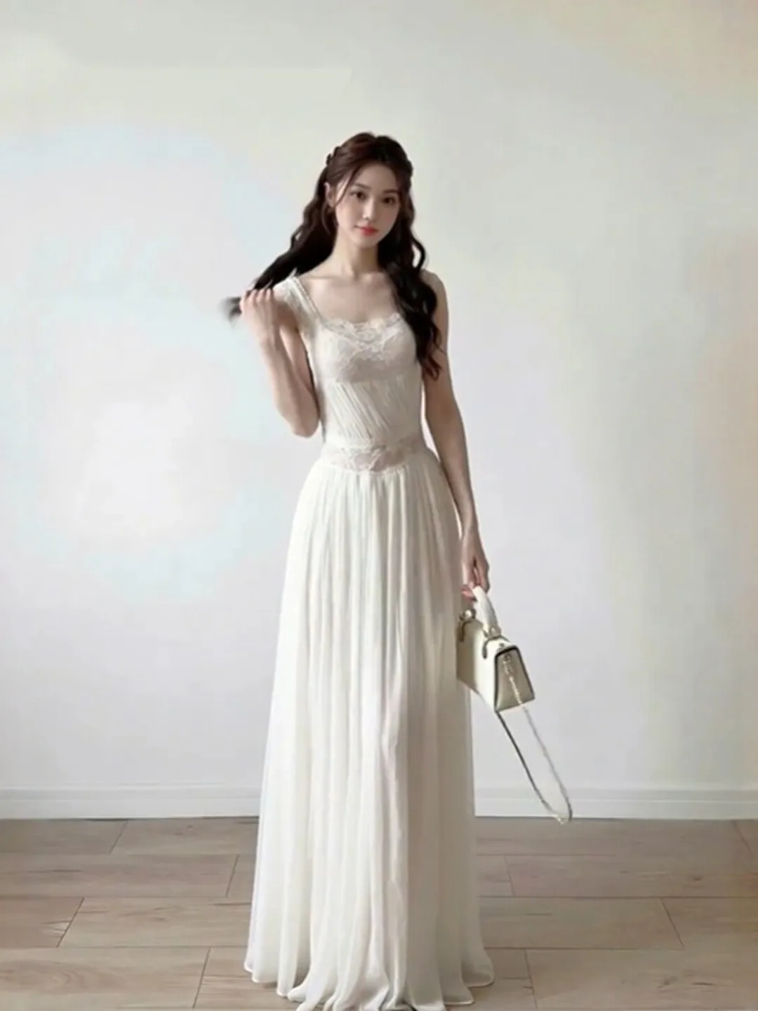 

Elegant Lace Hollow out Dress Art Student Bright Matching Skirt Special Beautiful Waist Cinched Summer Cotton Dress