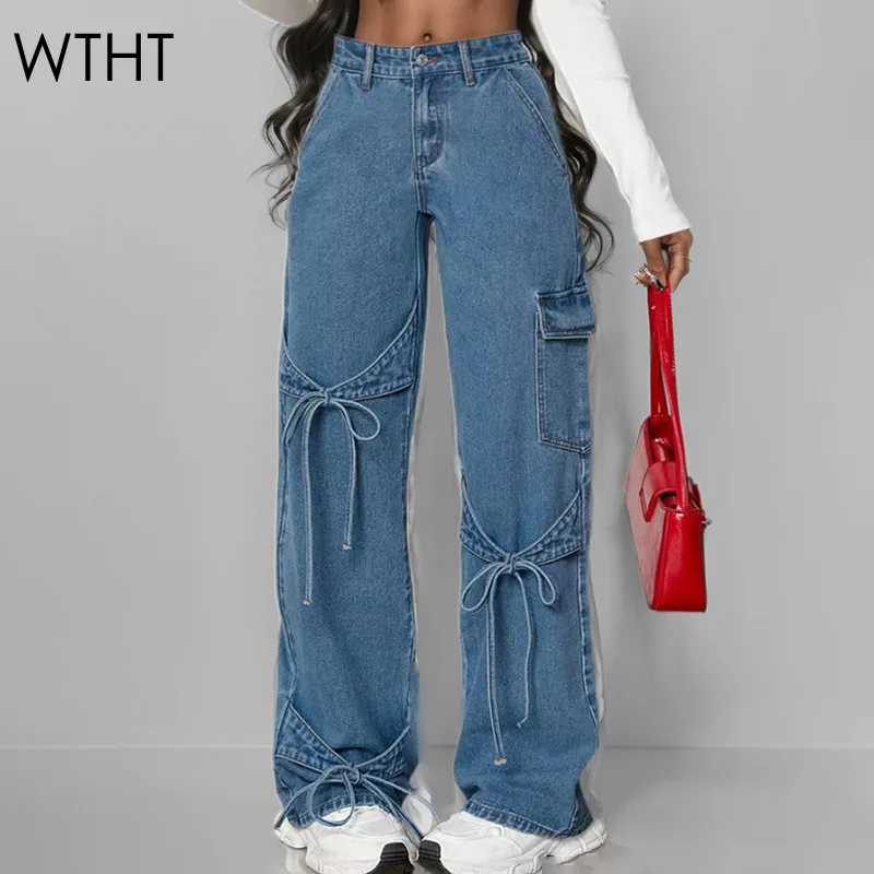 WTHT Trendy Women's Spliced Bows Bandage Multi Pockets Cargo Jeans 2024 Winter High Waist Wide Leg Denim Pants Female 1LS402