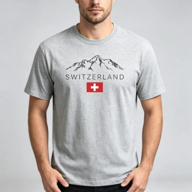 Men 100% Cotton Short Sleeve Tee Switzerland Swiss Flag Mountain Print Daily Outdoor Casual Crew Neck T-shirt