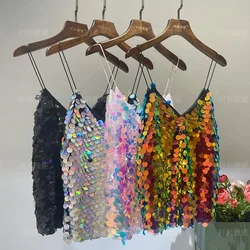 Sparkling Sequins Camis Women Sexy V-neck Strap Top Stage Performance Tanks Tops Colorful Women's Wear