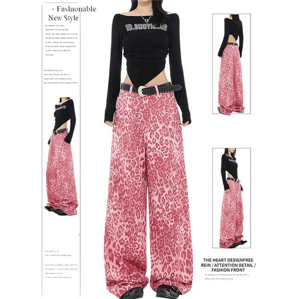 Women's Fashion Pink Leopard Print Jeans Spring Autumn Loose Fit High Waist Straight Wide Leg Floor Length Female Denim Pants
