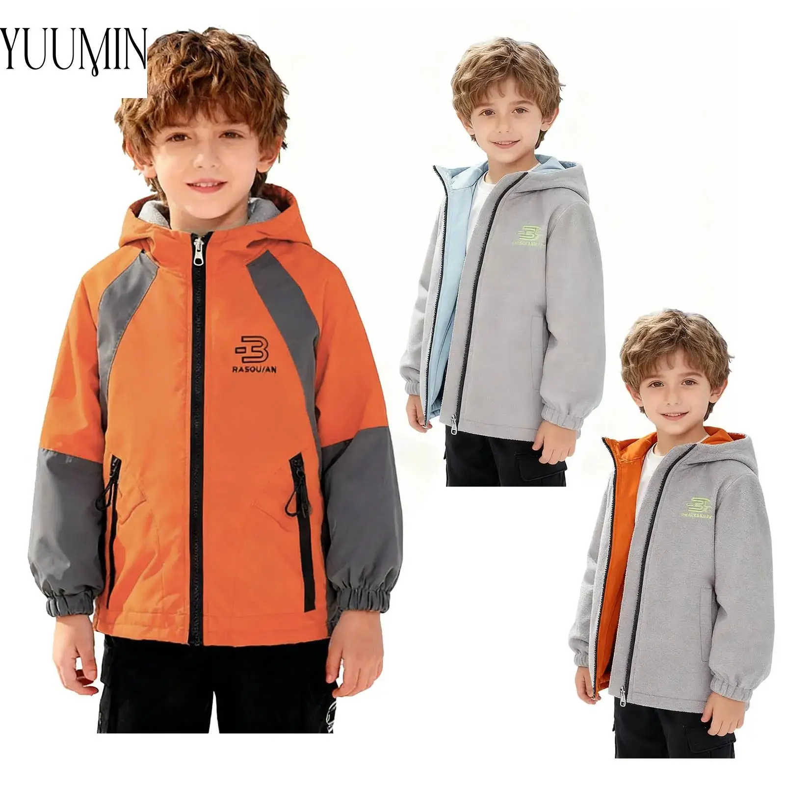 

Детская двусторонняя куртка с капюшоном на флисовой подкладке для мальчиков, для походов и активного отдыха, спортивная одежда, с длинными рукавами, на молнии, с карманами на молнии