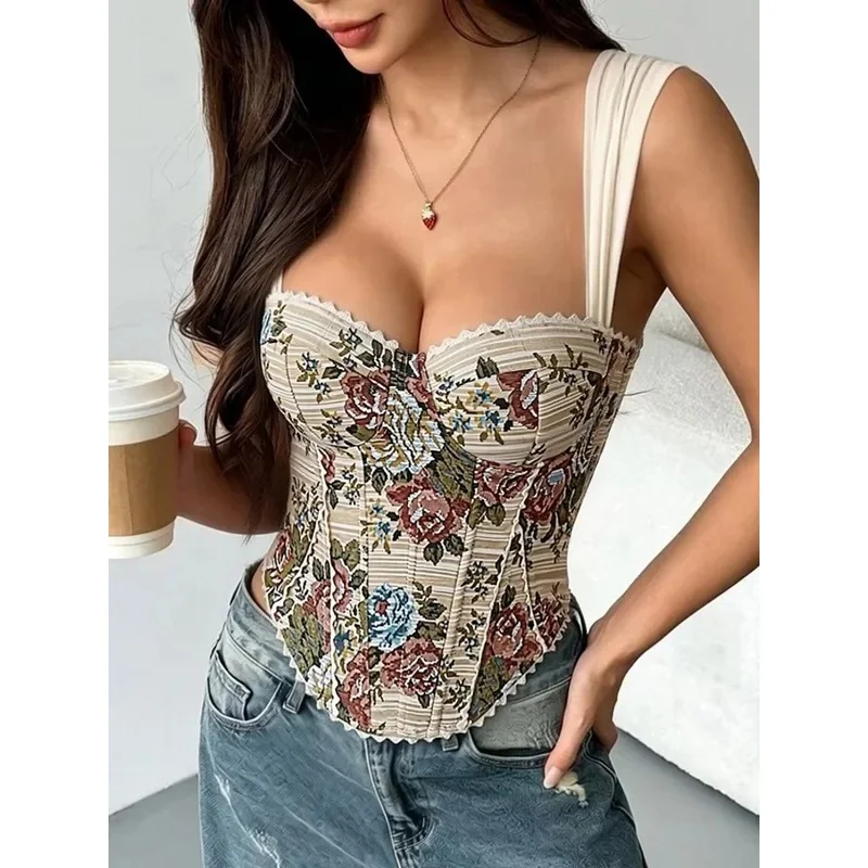 Vintage French Floral Print Corset Top Women Double Strap Bandage Chest Support Body Shapewear Y2k Fishbone Vest Crop Tops 2026
