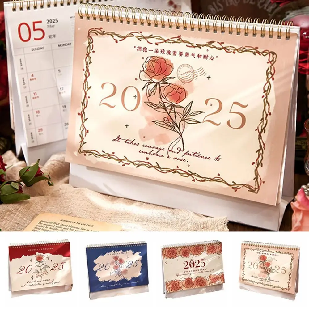 Creative Roses Monthly Calendar Floral Coil Vintage Romantic Roses Desk Calendar Table Decor 12-Month 2025 Monthly Planner