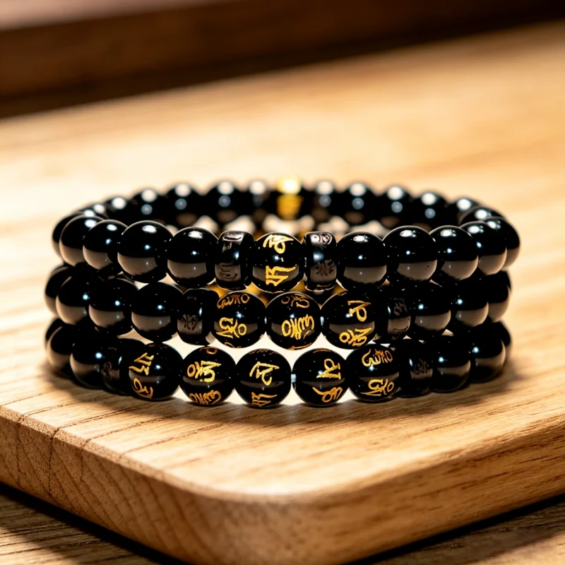 Noter 3 Teile/satz Om Mani Padme Hum Buddha Perlen Armband Für Männer 8mm Obsidian Stein Yoga Meditation Heilung Armband gebet Pulsera