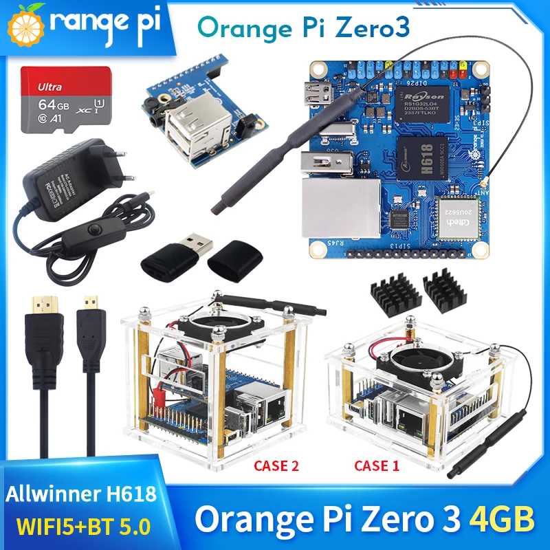 Orange Pi Zero 3 4GB RAM Allwinner H618 64-Bit WiFi5+BT 5.0 Gigabit Ethernet Optional Acrylic Case Fan Heatsink Android Debian