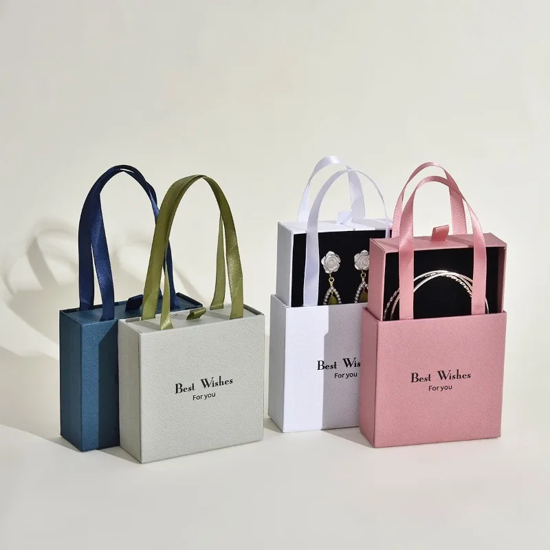 Handheld Jewelry Box Paper Pull-Out Drawer Portable Travel Case for Rings Earrings Necklaces Gift Packaging Storage Organizer
