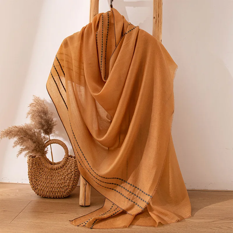 

2025 Luxury Vintage 100% Wool Border Jacquard Scarf Women, Academic Style Shawl, Medium Warmth Hijab Hair Wrap for All Seasons