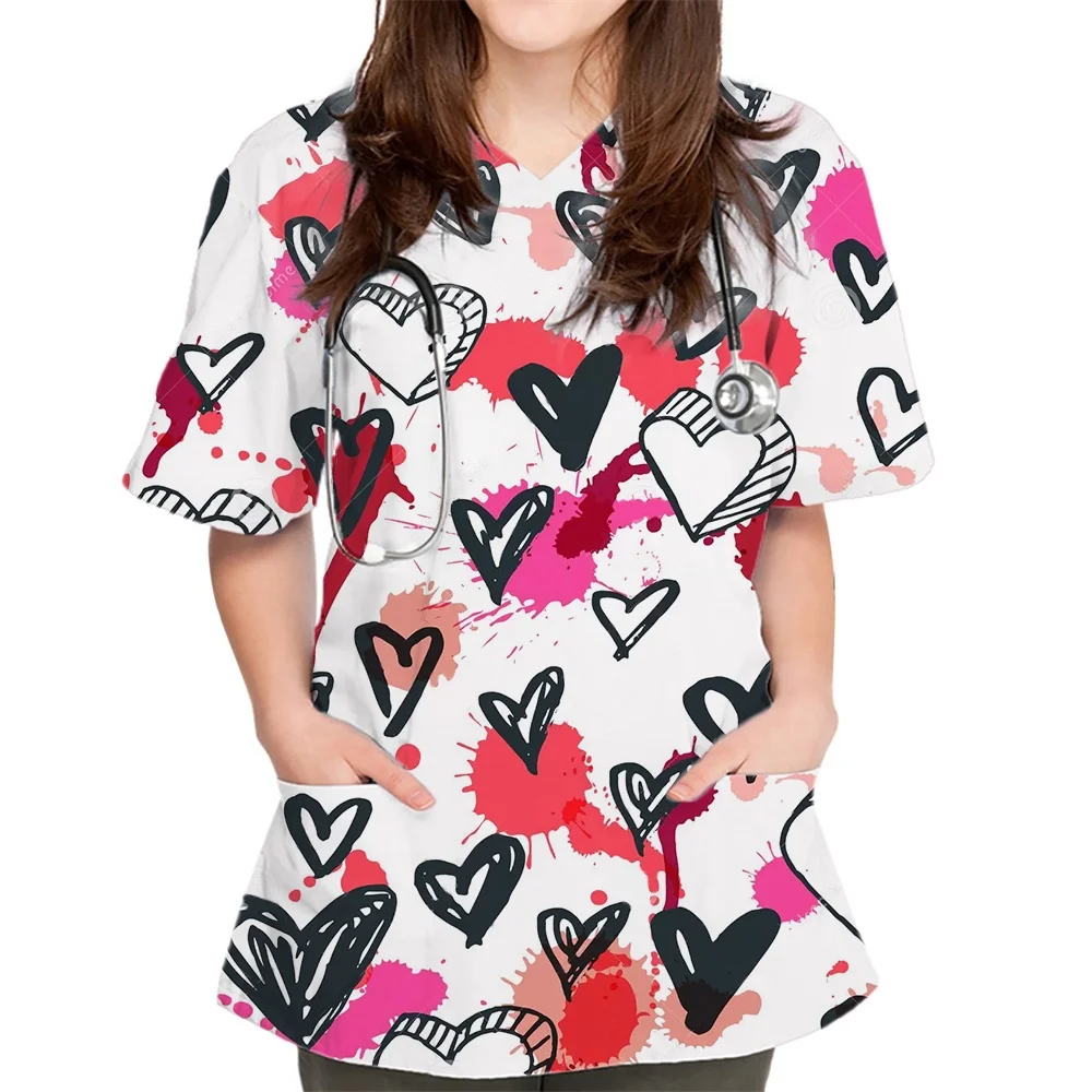 Scrubs Medical Uniforms Woman Elegant Heart Print Clinical Uniform V-Neck Patch Pocket Short Sleeve Top Women's Medical Uniforms