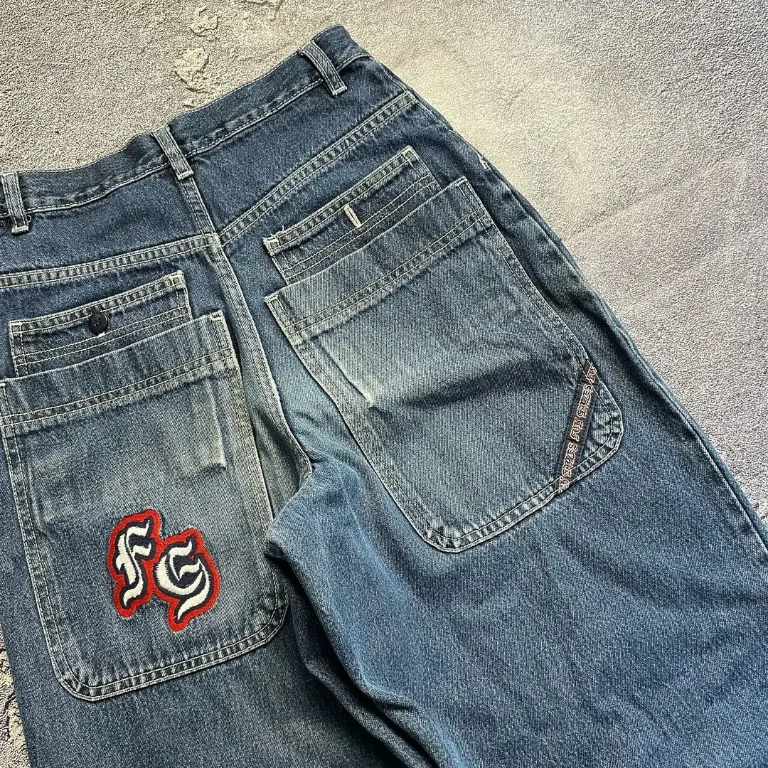 Calça jeans retrô americana y2k, bolso personalizado, bordado, calças soltas, jeans, reta, azul, lavada, hiphop, cintura alta, casal