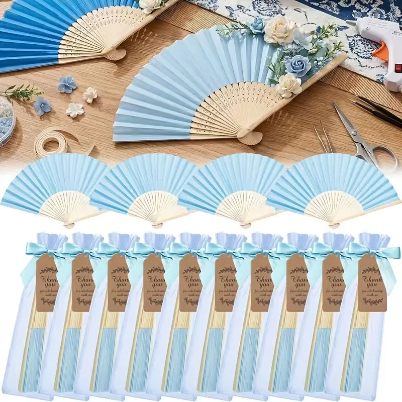 3Set/7Set/16Set/23Set/30Set/43Set Gift for Her/Him: Light Blue Folding Fan, Personalized with Logo, for Anniversary, Name, Etc. Very Suitable for Weddings, Bridal Showers, Parties—Light Blue Handheld Paper Fan. Comes with a Thank You Card and Gift Bag. Can Be Used for DIY Decoration, Wedding Favors, and Is Perfect for Mother's Day, Graduation Season, Valentine's Day