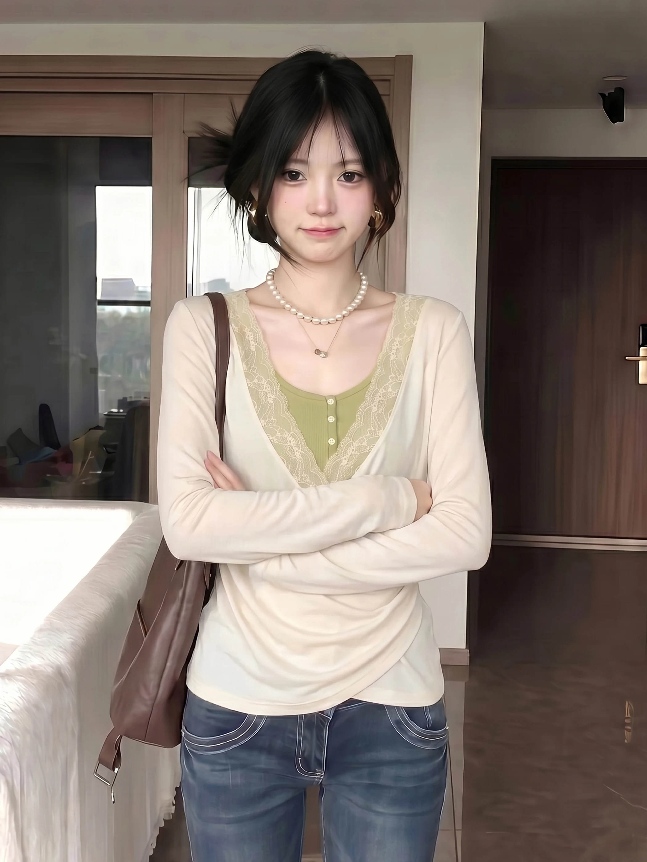 

Korean Style Pure Desire Lace Splicing Slim Fit V-Neck Long Sleeve Base Shirt Women's Fashion Slimming Top New Arrival