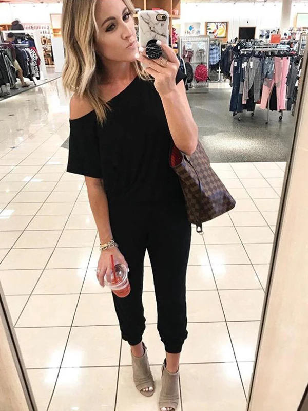 

Street Style Pure Color Diagonal Shoulder Short SVE Jumpsuit Casual Pants Loose Fit Comfortable Breathable for Women