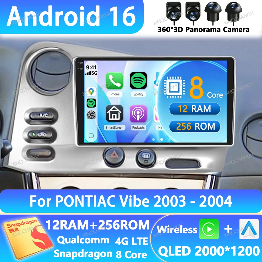 Android 16 Car Radio For PONTIAC Vibe 2003 2004 For Toyota Corolla Matrix E140 2003 - 2008 QLED Head Unit 4G WIFI Navigation GPS