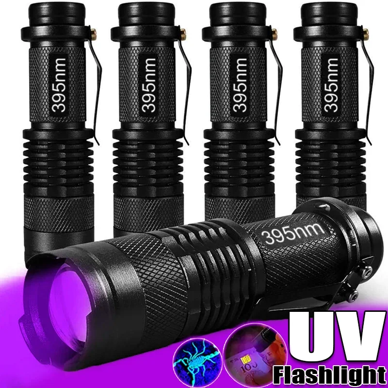 

LED UV Flashlight UV Black Light Ultraviolet Zoomable Torches Pet Urine Stains Fluorescent Agent Detector Scorpion Hunting Tools