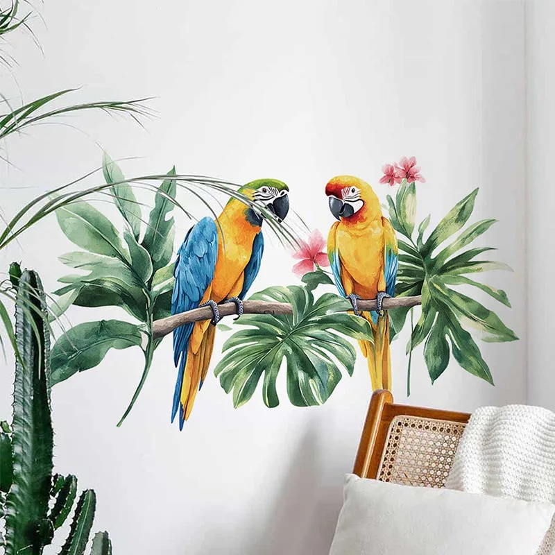 Tropical Parrot Wall Sticker Watercolor Macaw Palm Leaves Wall Decal for Living Room Bedroom Peel and Stick Jungle Art Decor