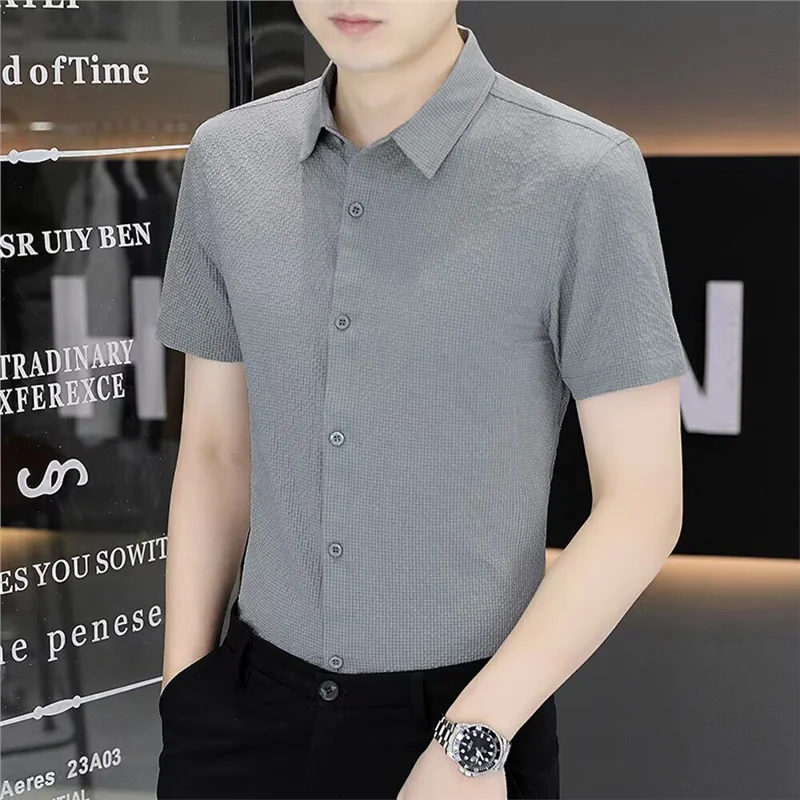 Quick Dry Ice Silk Men's Short Sleeve Shirt Business Casual Loose Fit Summer Breathable Anti-Wrinkle Regular Length Button up