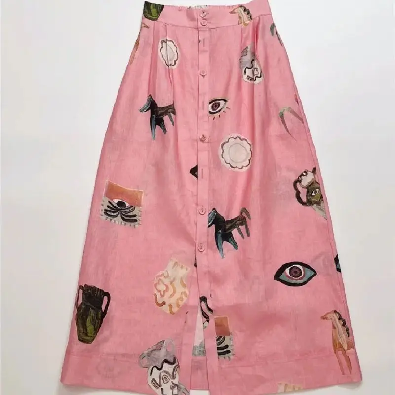 Limiguyue Summer Front Button Split Midi Skirt Fashion Pink Linen Fun Printed Skirt High Waist A-line Women Skirt Versatile 047P