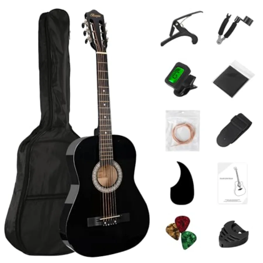 

38in Acoustic Guitar Starter Kit for Beginners with Tuner Capo Strings Winders Strap Picks and Pickguard in Natural Color Inclu