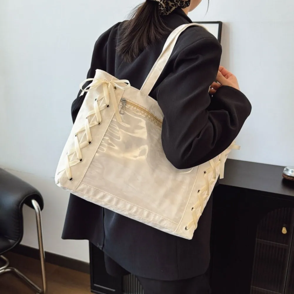 

Portable Lace-up Simple Itabag Cross Ribbon PU Transparent Pocket Tote Bag Badge Display Solid Color Shoulder Bag Girl