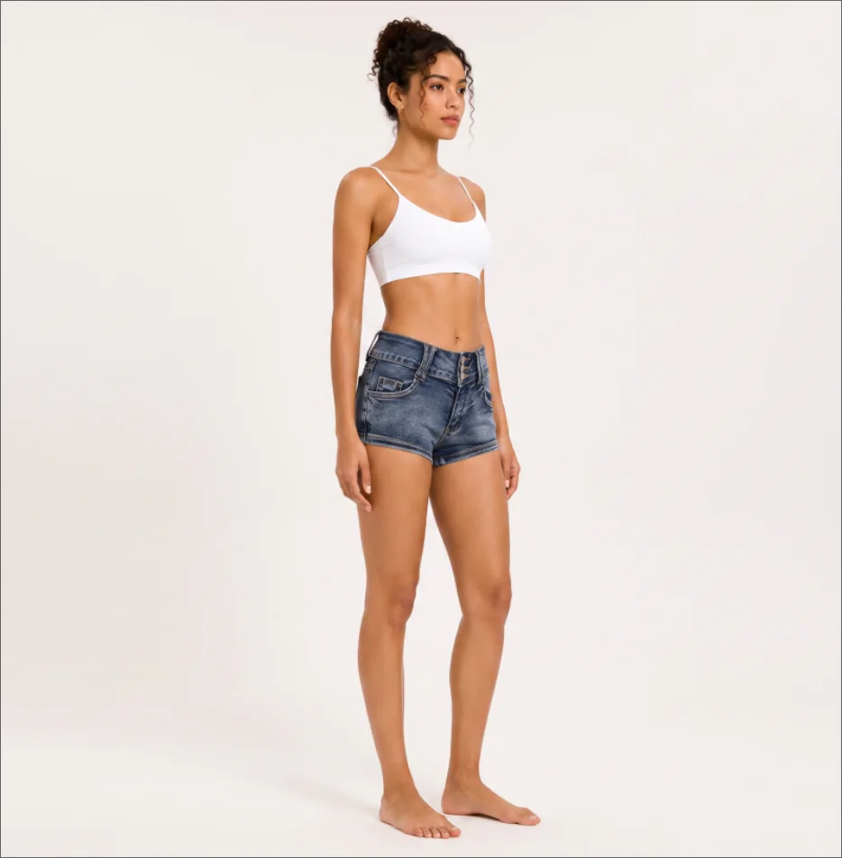 Women 3 Button Fly Retro Washed Denim Shorts Low Waist Slim Fit Ultra Short Hot Pants Wrapped Hip Retro Sexy Cute Mini Shorts