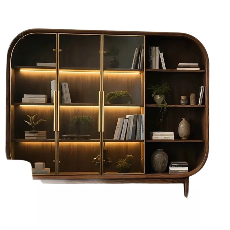 New Chinese style, North American black walnut, solid wood glass wine cabinet, living room storage decorative cabinet