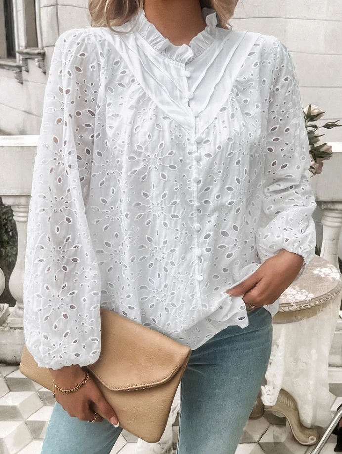 

Temperament Hollow Bubble Sleeve Embroidered Lace Standing Neck Solid Color Fashion Casual Design Sense Versatile Women's Top