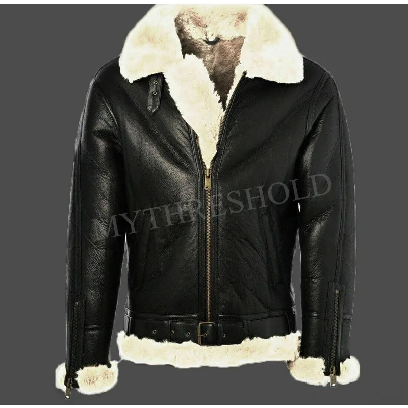 Mens Black Leather Jacket Genuine Sheepskin Aviator Fur Jacket