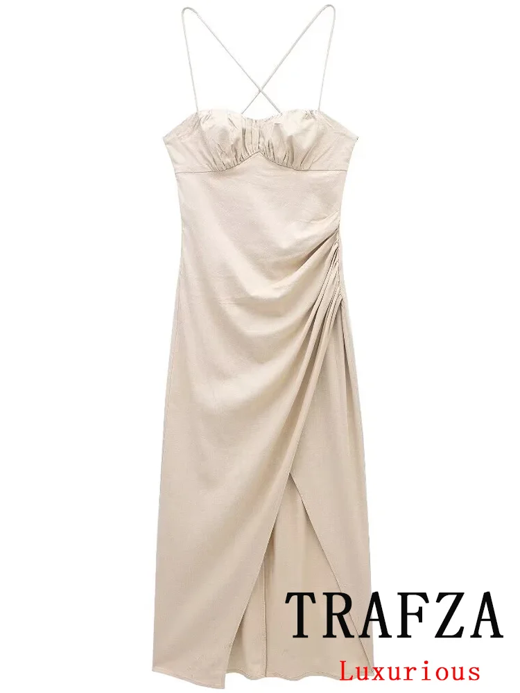 TRAFZA Sexy Chic Solid Women Dress Sleeveless Backless Party Dress Fashion 2024 Summer Chic Elegant Evening Club Dress