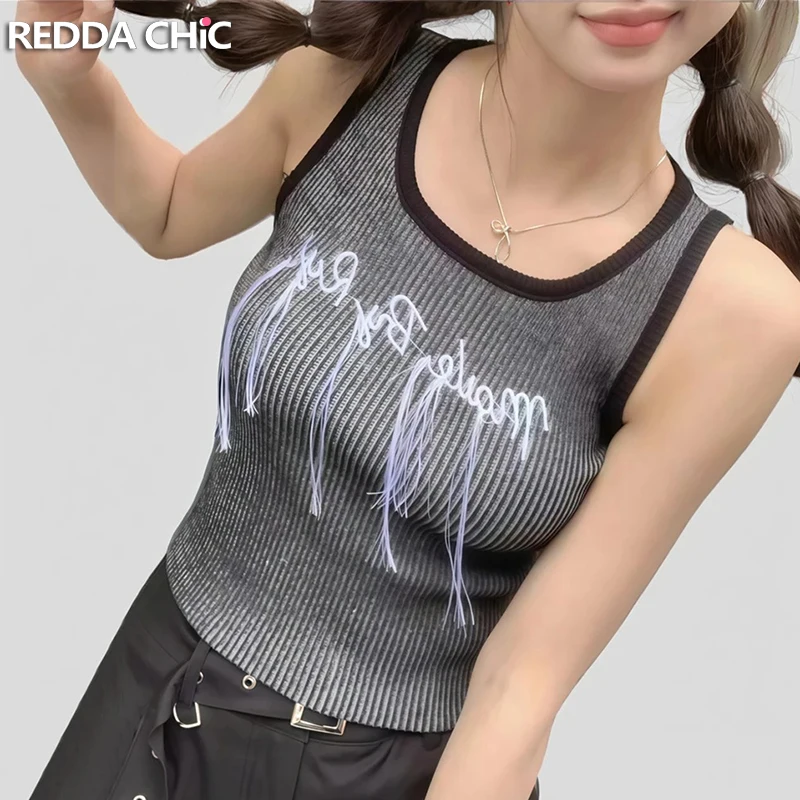 REDDACHiC Fringe Embroidered Letters Women Tank Top Stretch Rib Knit Square Neck Sleeveless Vest Grunge Retro Summer Undershirt
