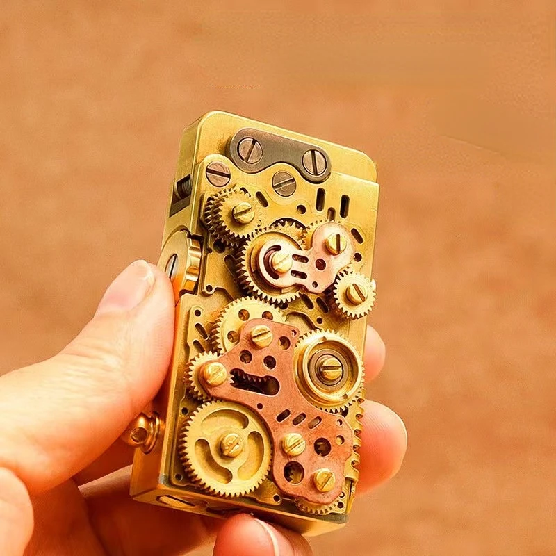 

Vintage Brass Liquid Oil Lighter Steam Punk Mechanical Gear Linkage Automatic Ejection Gasoline Lighter Handmade Gift for Men