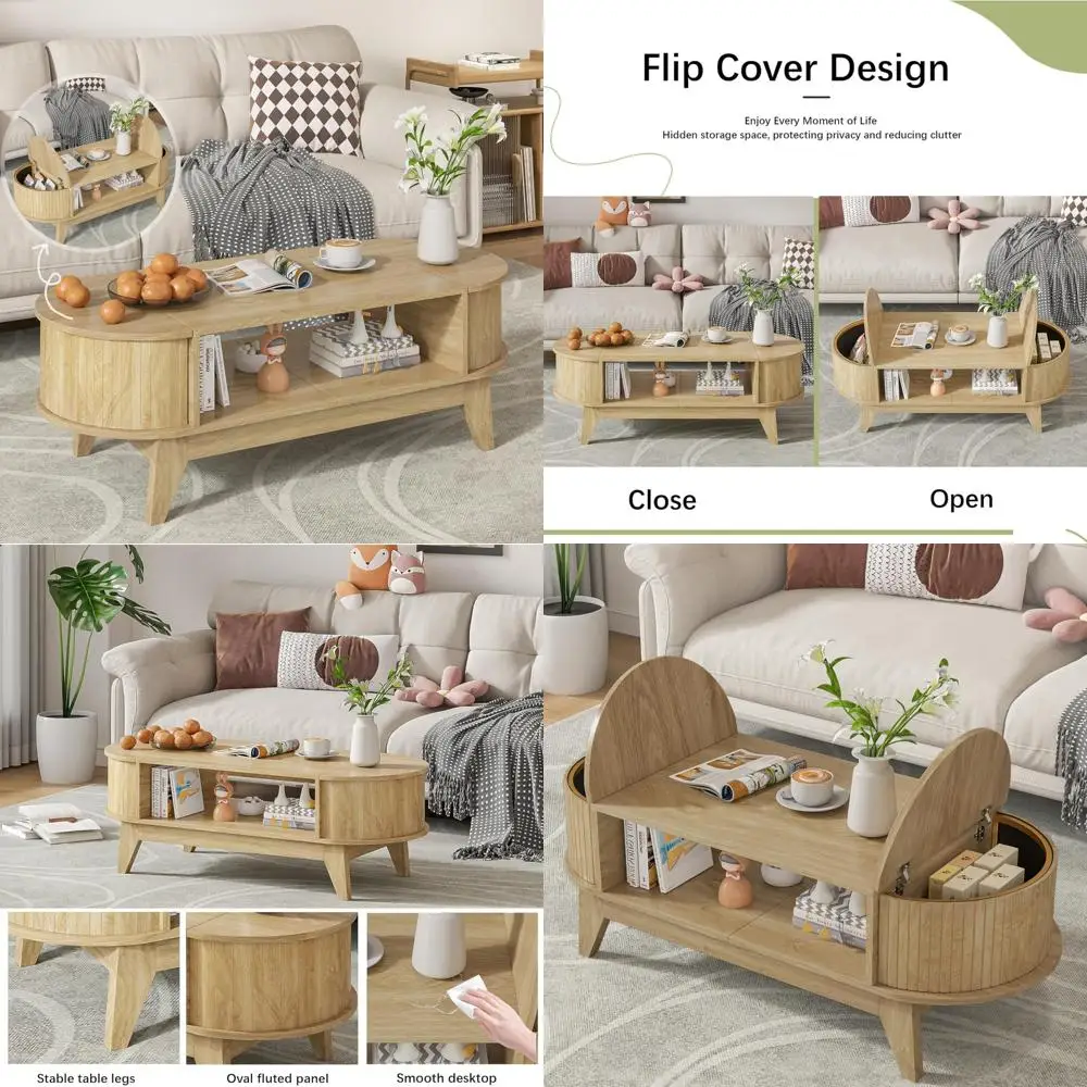 

Mid-Century Oval Wood Coffee Table with Dual Concealed Storage