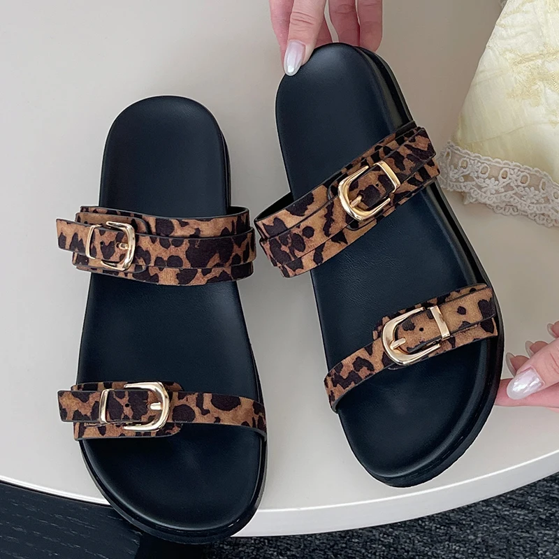 Footwear Women Slippers Shallow Leopard Flip Flops Slippers Shoes Summer Outside Beach Square Toe Female Shoes For Ladies Slides