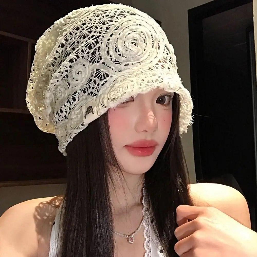 Embroidered Lace Hat Spicy Girl Breathable Hollow Out Flower Beanies Thin Korean Style Weave Knitted Cap Apparel Accessories