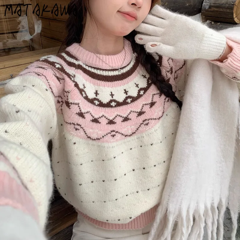 

Matakawa Sweet Print Women Sweaters Autumn Winter Thick Warm Vintage Pullovers Korean Fashion O Neck Simple Pull Femme