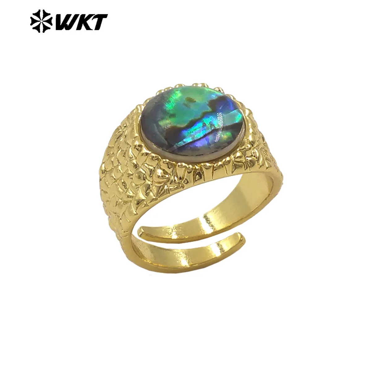 

WT-MPR137 Fashion Handmade Vintage Style Jewelry Carved Gold Plated Round Natural Shell Adjustable Size Rings For Gift